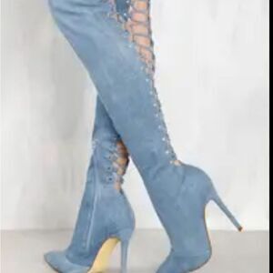 Elegant Collection Denim thigh high back lace up heels boots Size 6